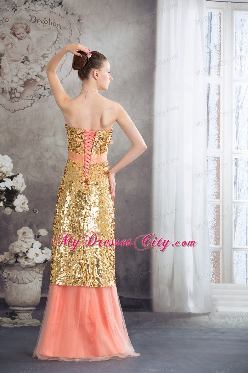 Gold and Pinkish Salmon Sequined Strapless Layered Dress for Celebrity