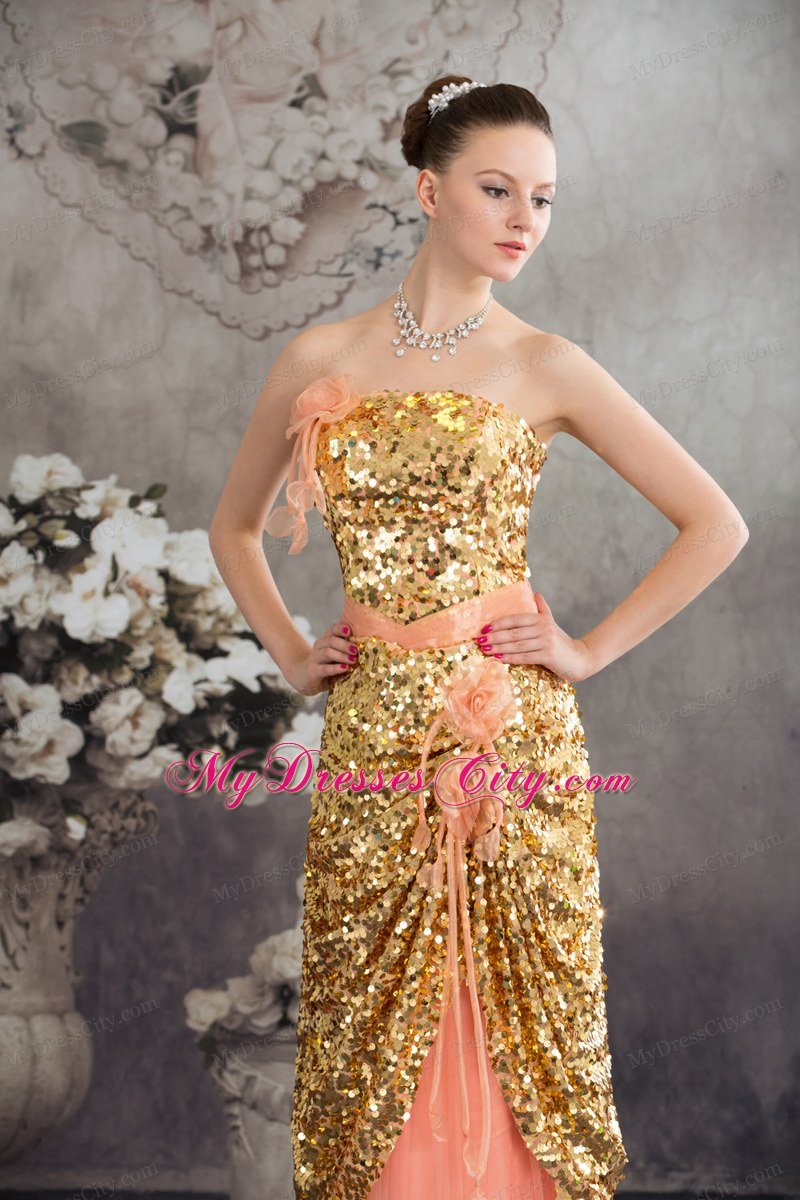 Gold and Pinkish Salmon Sequined Strapless Layered Dress for Celebrity