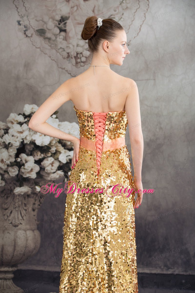 Gold and Pinkish Salmon Sequined Strapless Layered Dress for Celebrity