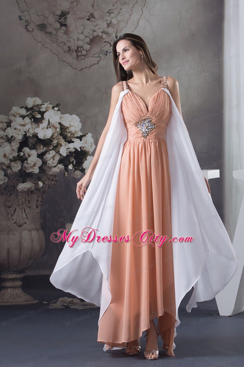 V-neck Straps Empire Asymmetrical Beading Celebrity Dress