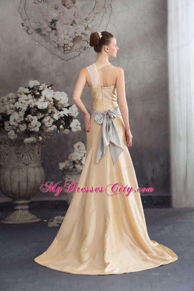 Column Sash Brush Train Celebrity Dress in Nude Color