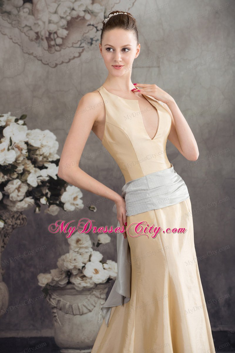 Column Sash Brush Train Celebrity Dress in Nude Color