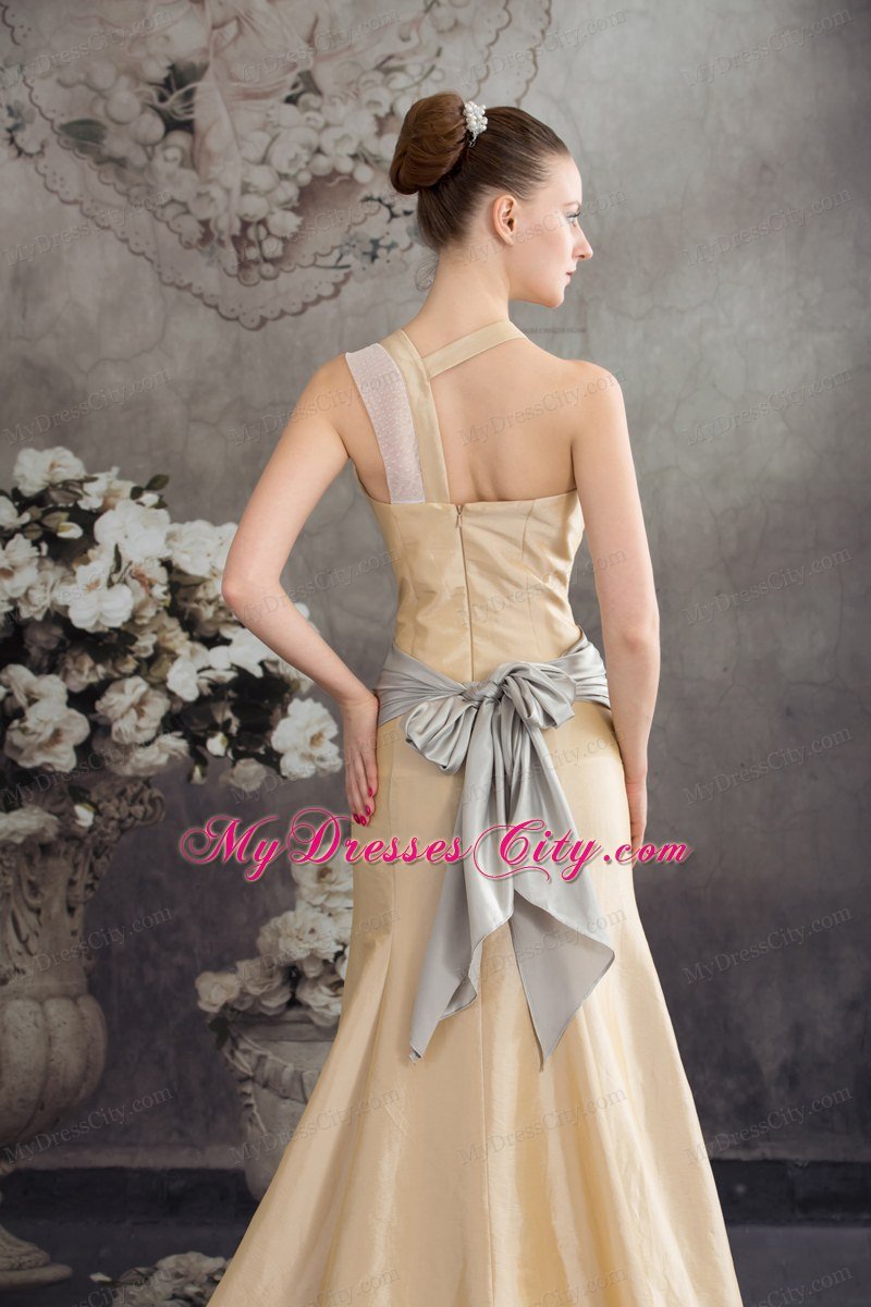 Column Sash Brush Train Celebrity Dress in Nude Color