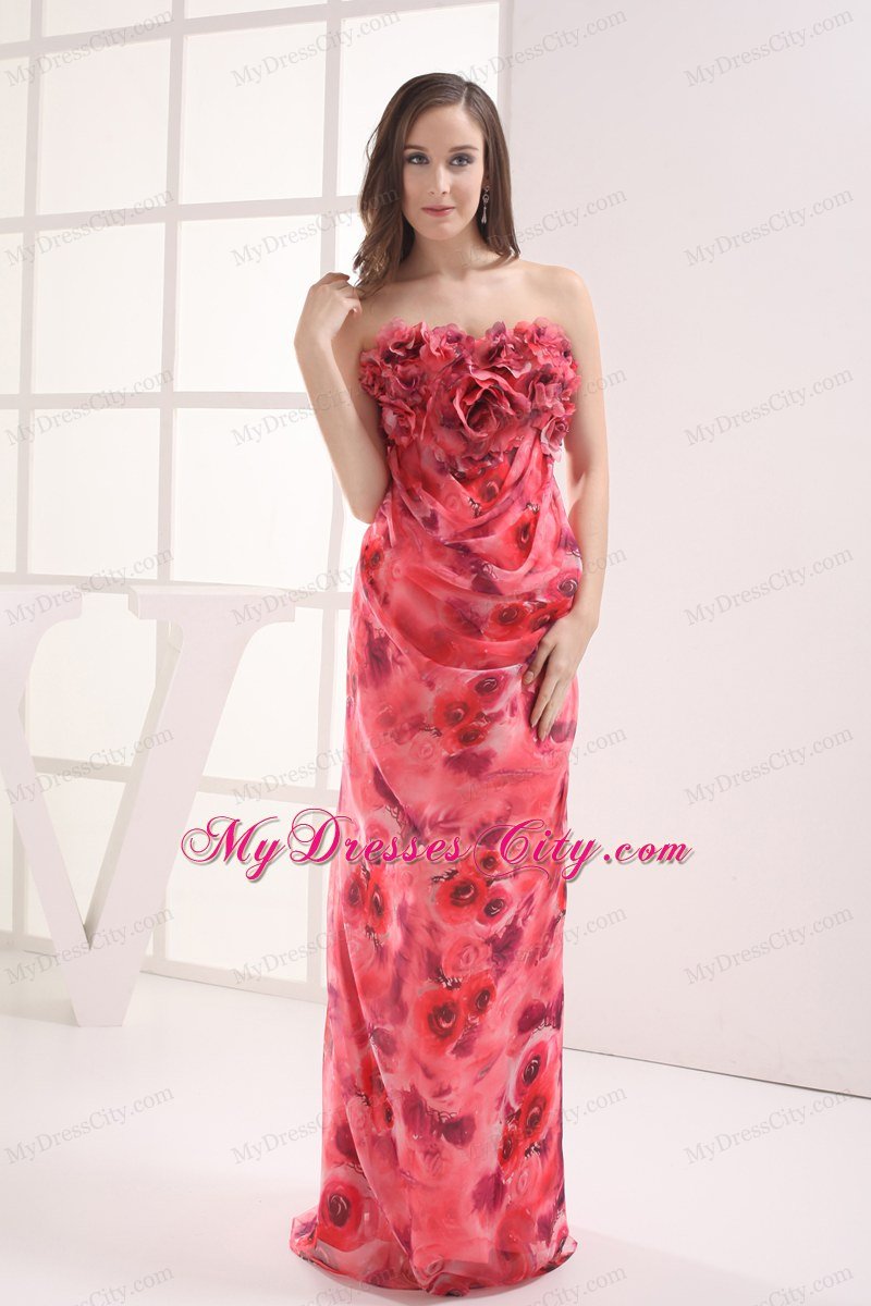 Column Strapless Printing Hand Made Flowers Celebrity Dress