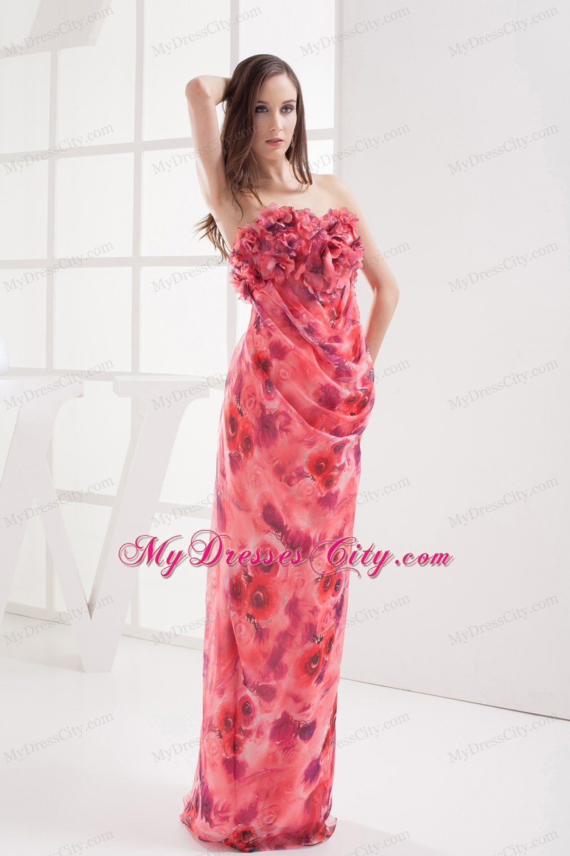 Column Strapless Printing Hand Made Flowers Celebrity Dress