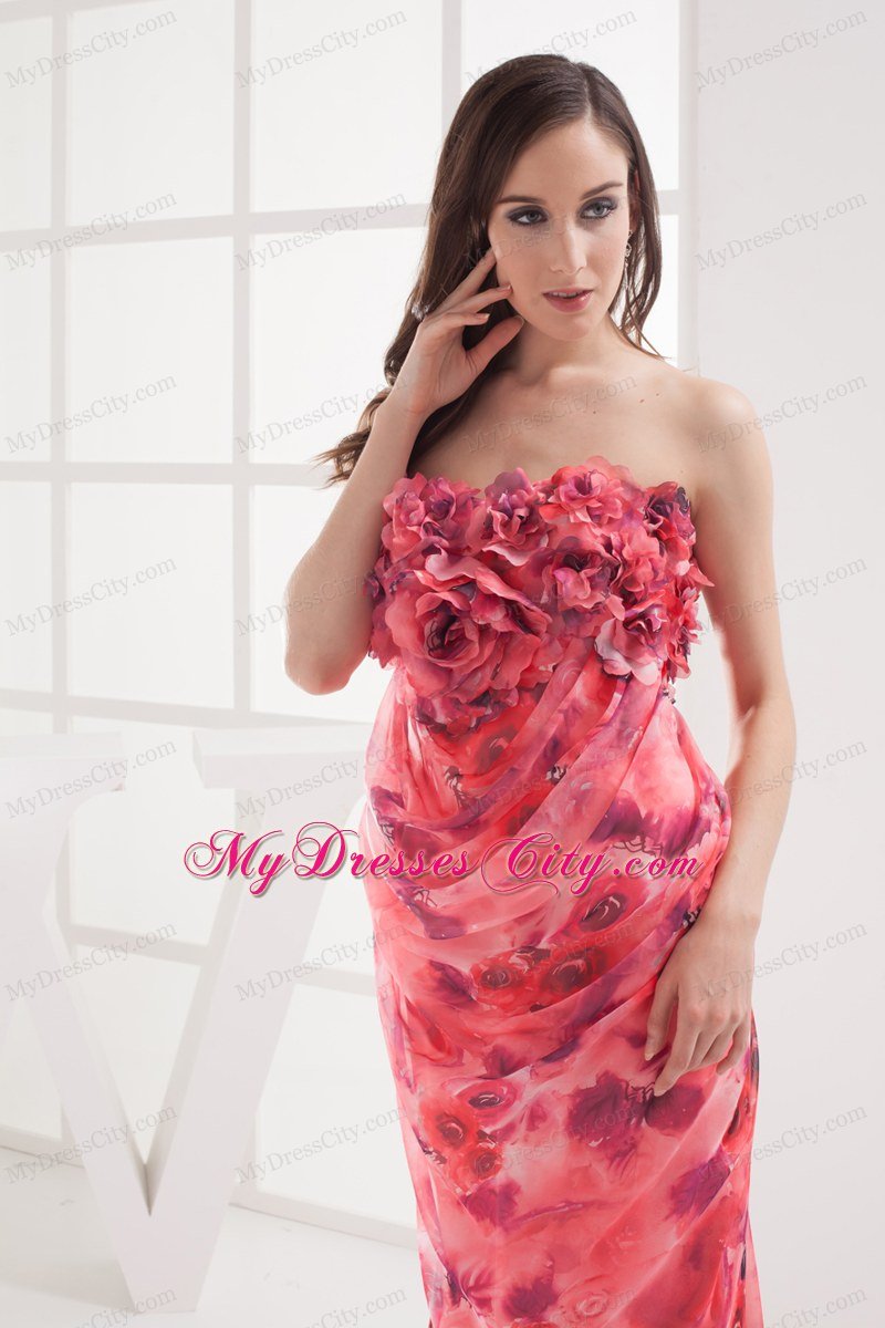 Column Strapless Printing Hand Made Flowers Celebrity Dress