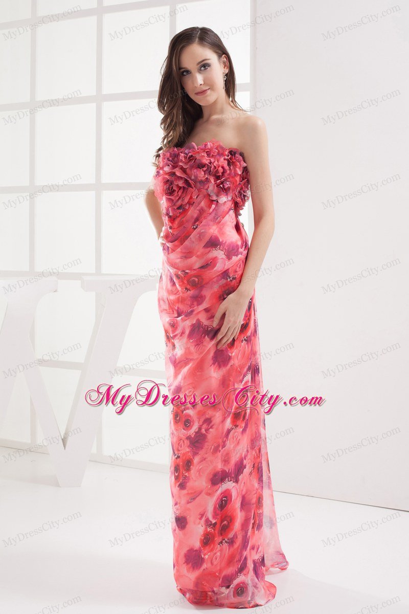 Column Strapless Printing Hand Made Flowers Celebrity Dress