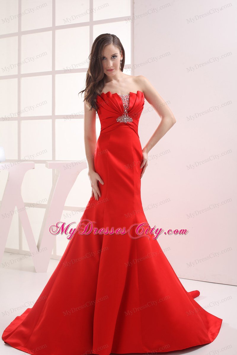 Red Mermaid Strapless Beading Ruching Celebrity Dress with Brush Train