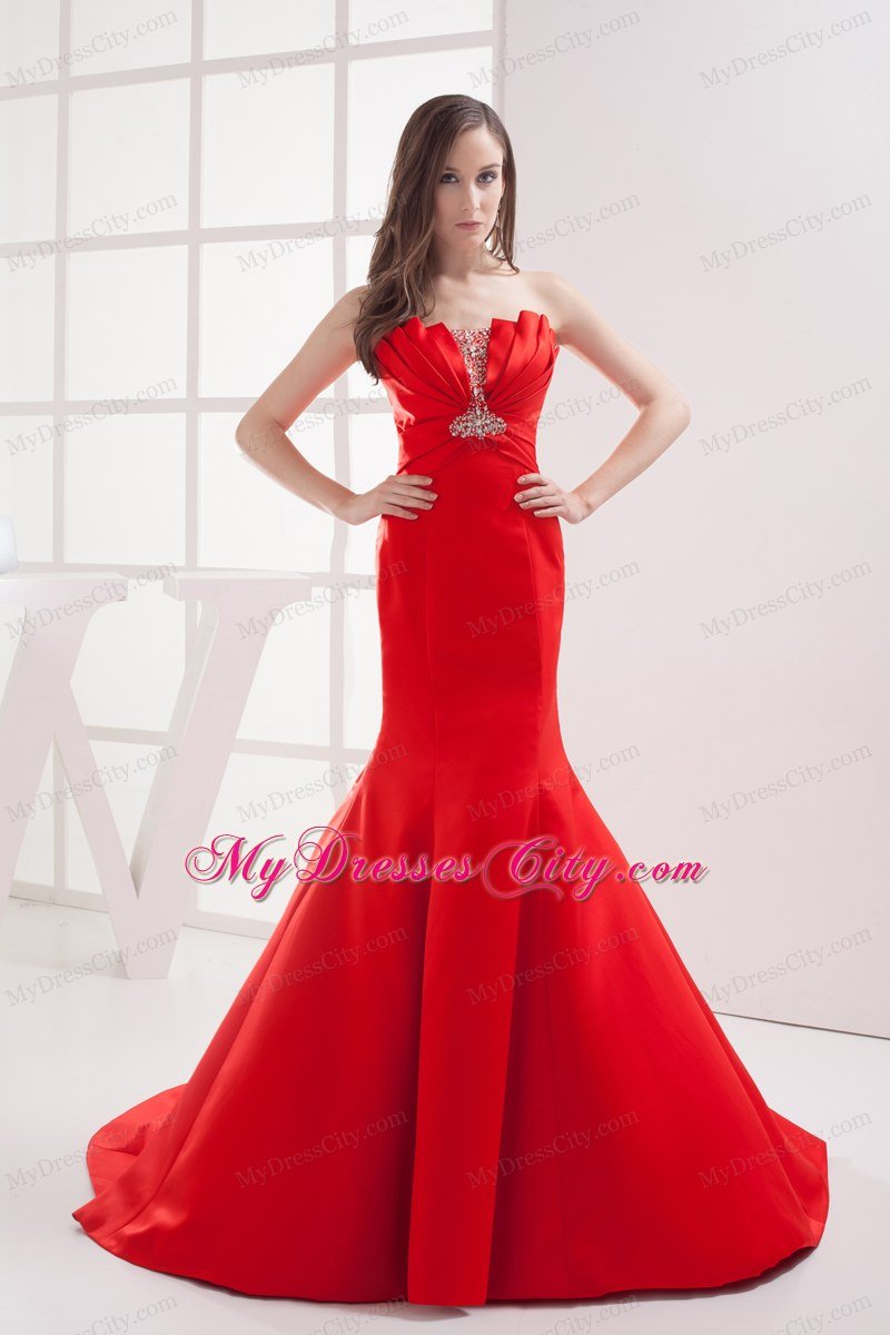 Red Mermaid Strapless Beading Ruching Celebrity Dress with Brush Train