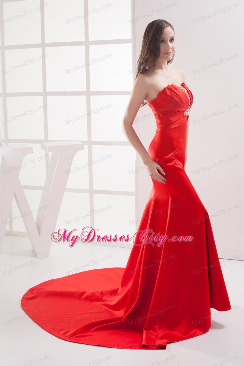 Red Mermaid Strapless Beading Ruching Celebrity Dress with Brush Train