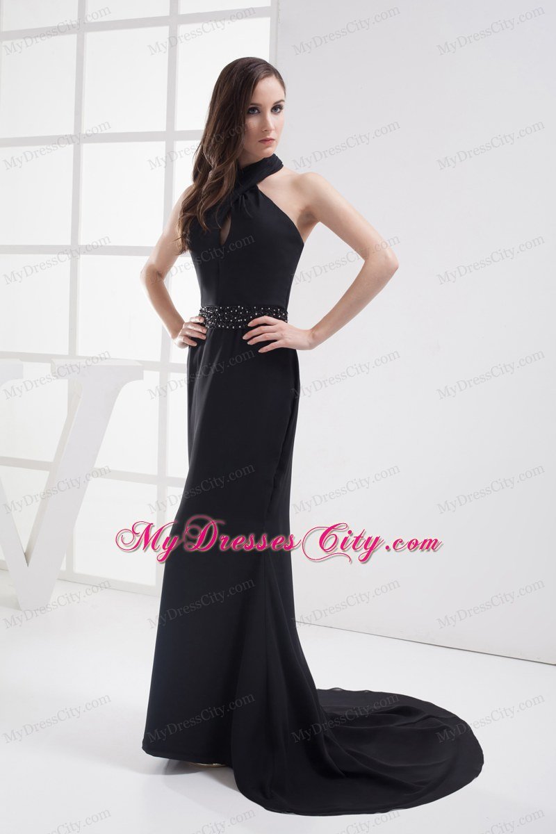 Mermaid Beading Celebrity Dress with Cool Neckline in Black