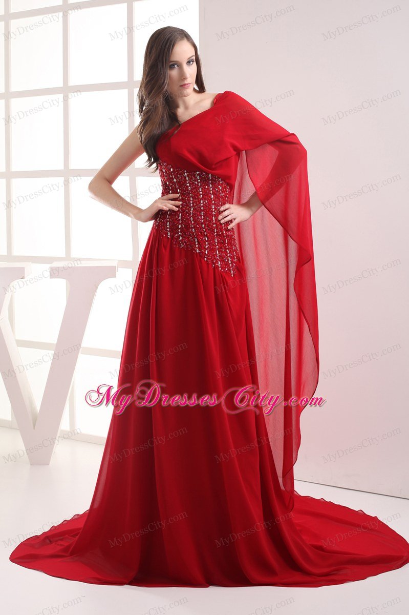 Red One Shoulder Beading Chiffon Watteau Celebrity Dress