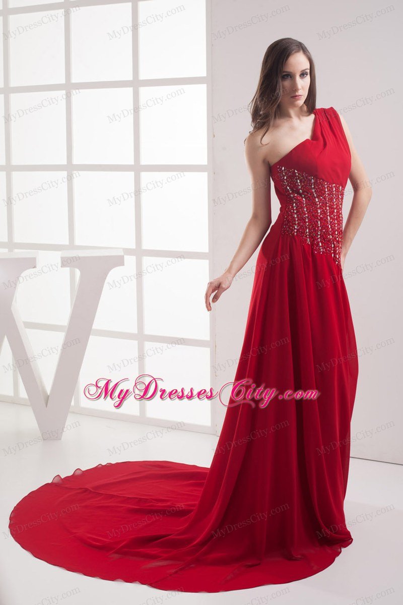 Red One Shoulder Beading Chiffon Watteau Celebrity Dress