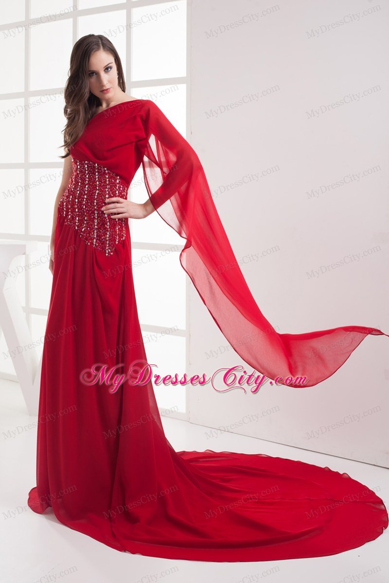 Red One Shoulder Beading Chiffon Watteau Celebrity Dress