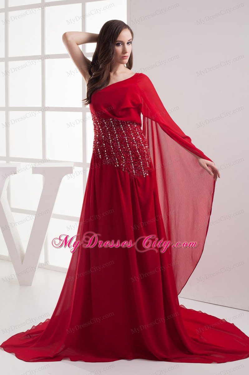 Red One Shoulder Beading Chiffon Watteau Celebrity Dress