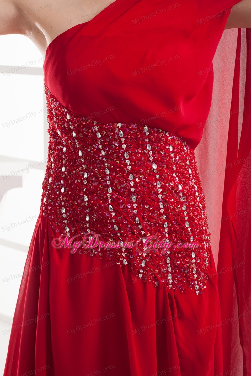 Red One Shoulder Beading Chiffon Watteau Celebrity Dress