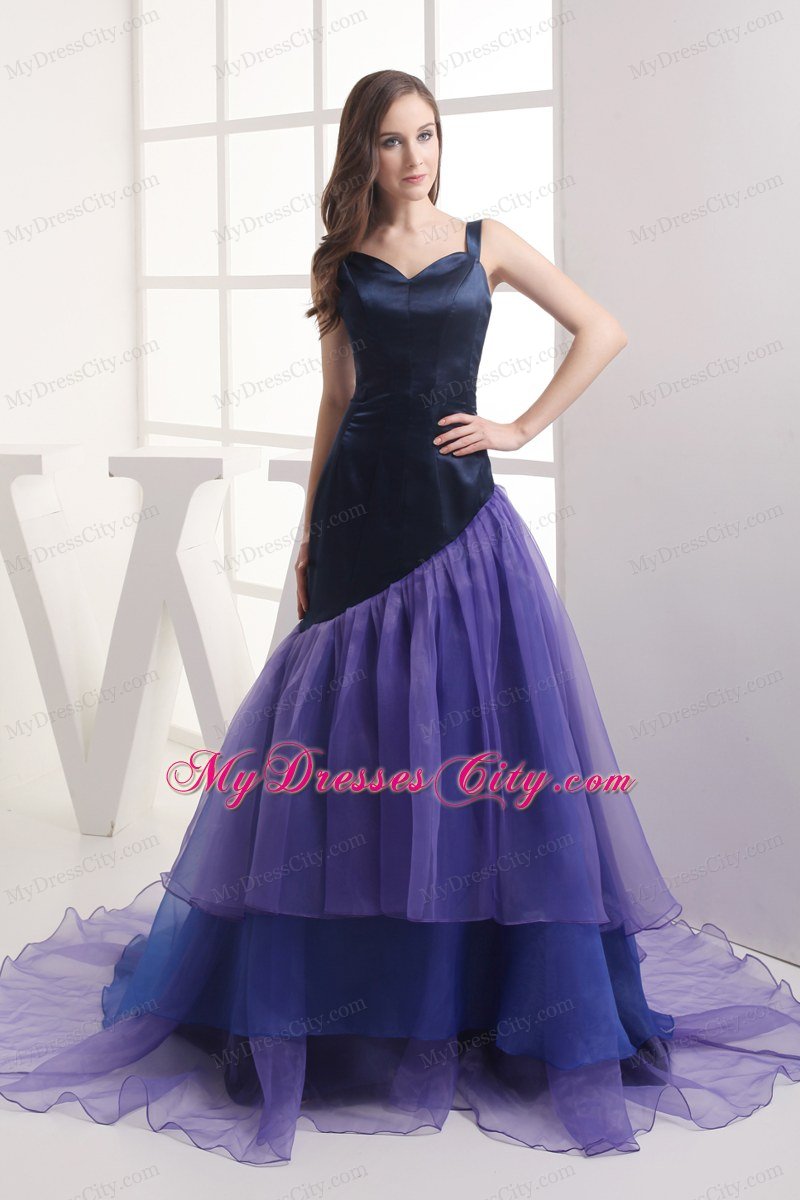 A-line Purple Unsymmetrical Ruffled Celebrity Dress Straps in Navy