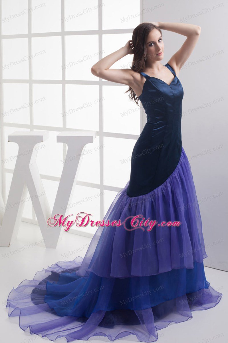 A-line Purple Unsymmetrical Ruffled Celebrity Dress Straps in Navy