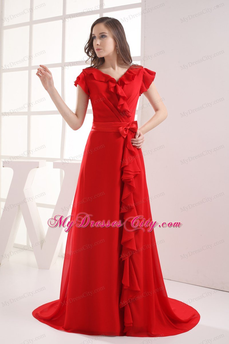 Red V-neck Celebrity Dress with Short Sleeves and Bow