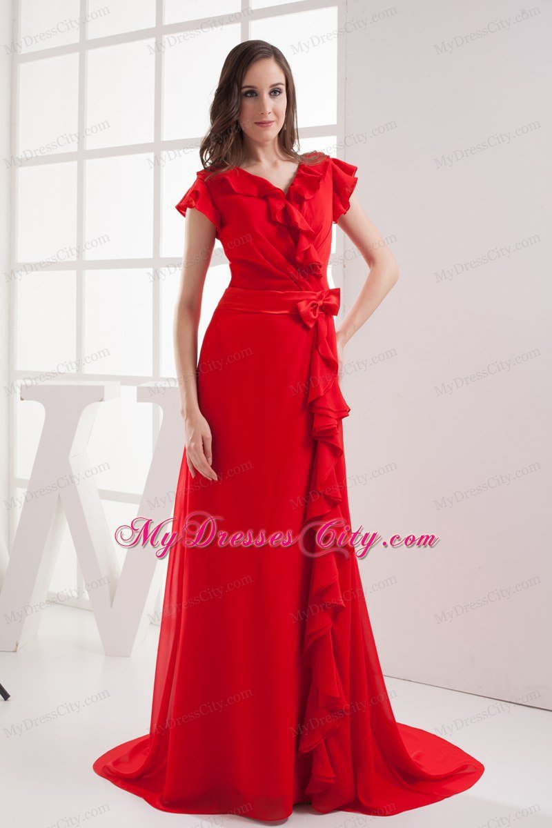 Red V-neck Celebrity Dress with Short Sleeves and Bow