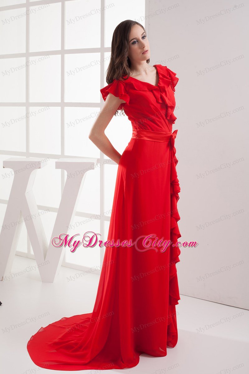 Red V-neck Celebrity Dress with Short Sleeves and Bow