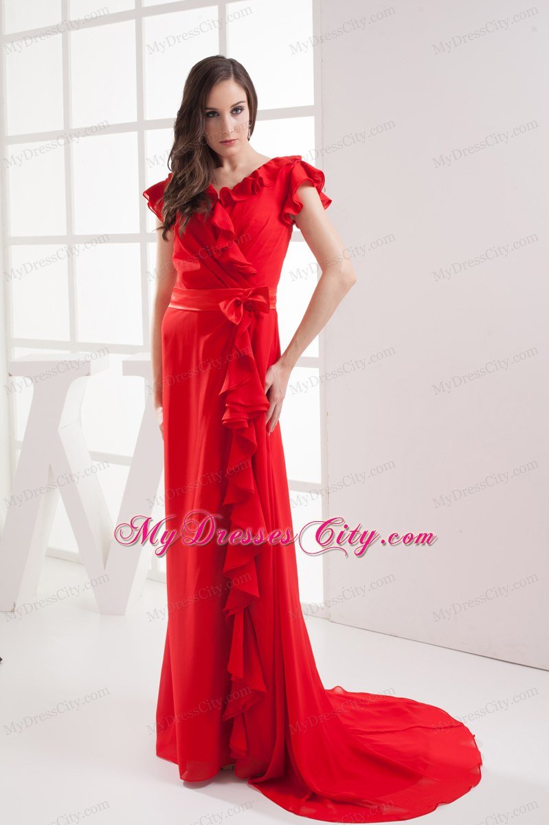 Red V-neck Celebrity Dress with Short Sleeves and Bow