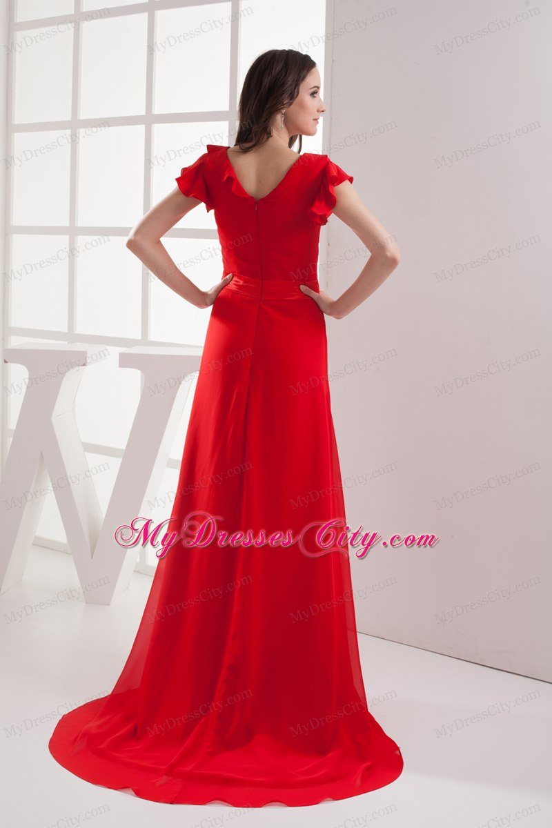 Red V-neck Celebrity Dress with Short Sleeves and Bow