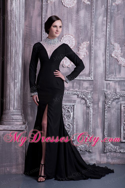 Slit Black Celebrity Dress with High-neck Beading Brush Train