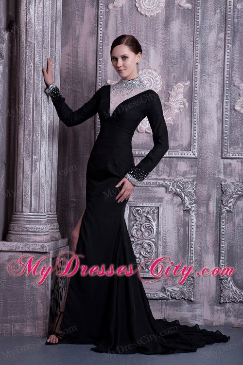 Slit Black Celebrity Dress with High-neck Beading Brush Train