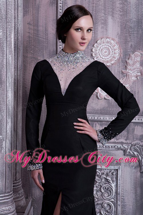 Slit Black Celebrity Dress with High-neck Beading Brush Train