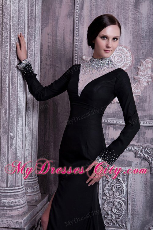 Slit Black Celebrity Dress with High-neck Beading Brush Train