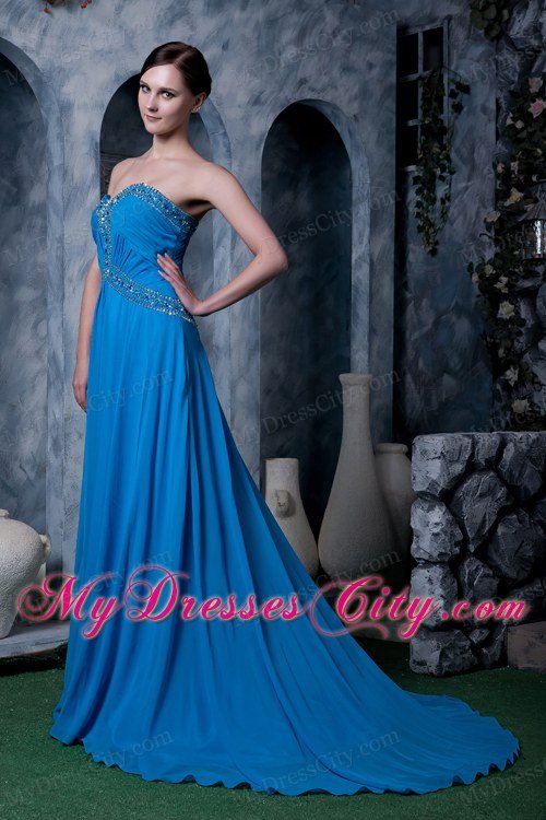 Sky Blue Empire Sweetheart Brush Train Chiffon Beading Celebrity Dress