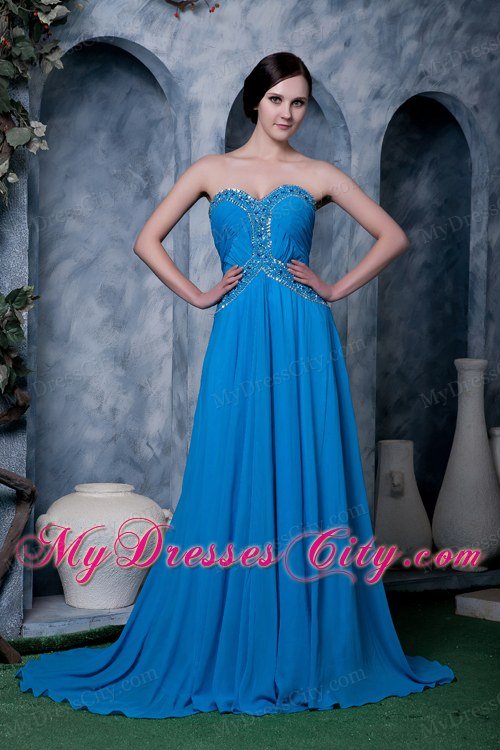 Sky Blue Empire Sweetheart Brush Train Chiffon Beading Celebrity Dress