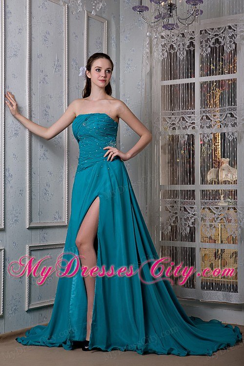 Teal A-line Beaded Strapless Dress for Celebrity with Slits