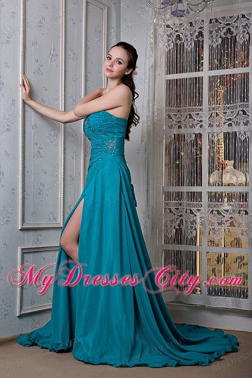 Teal A-line Beaded Strapless Dress for Celebrity with Slits