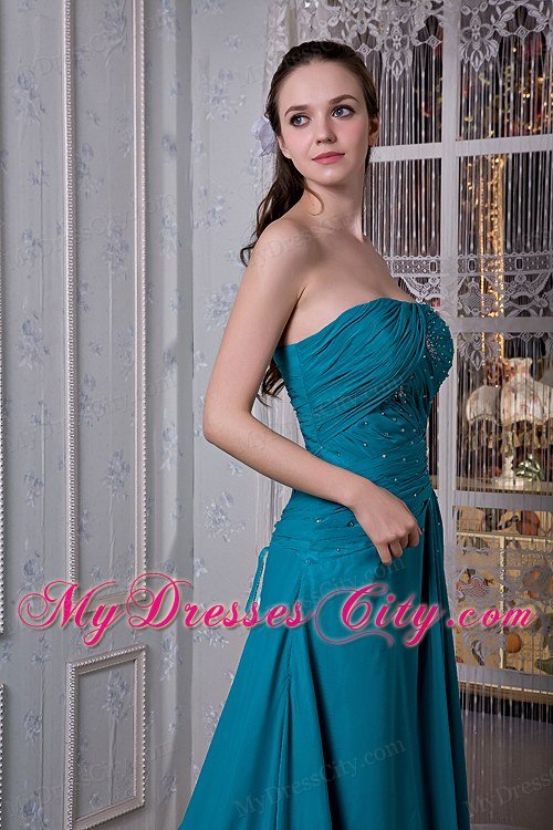 Teal A-line Beaded Strapless Dress for Celebrity with Slits