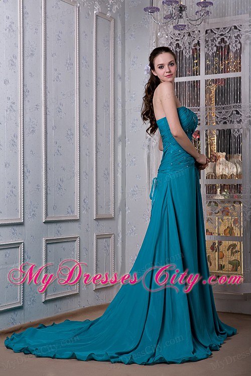 Teal A-line Beaded Strapless Dress for Celebrity with Slits