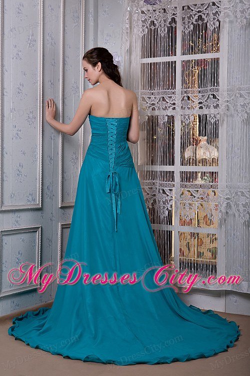 Teal A-line Beaded Strapless Dress for Celebrity with Slits