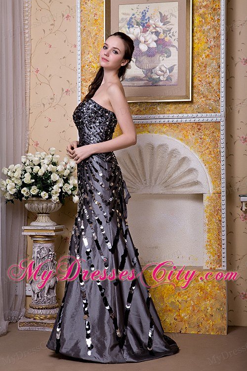 Black Column Strapless Celebrity Dresses Taffeta Sequins Floor-length