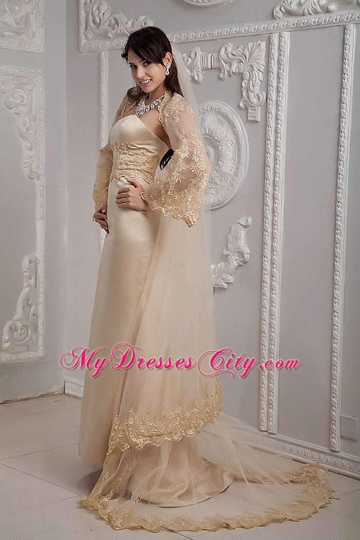 Romantic Champagne Strapless Brush Train Lace Wedding Dress