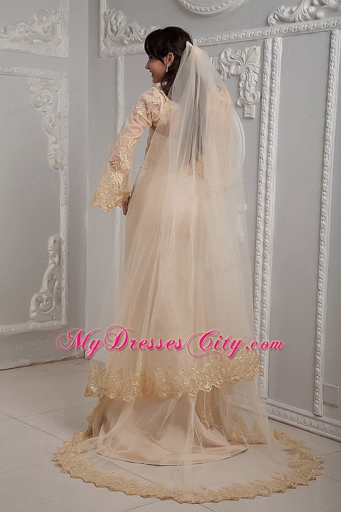 Romantic Champagne Strapless Brush Train Lace Wedding Dress