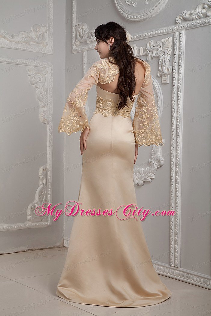 Romantic Champagne Strapless Brush Train Lace Wedding Dress