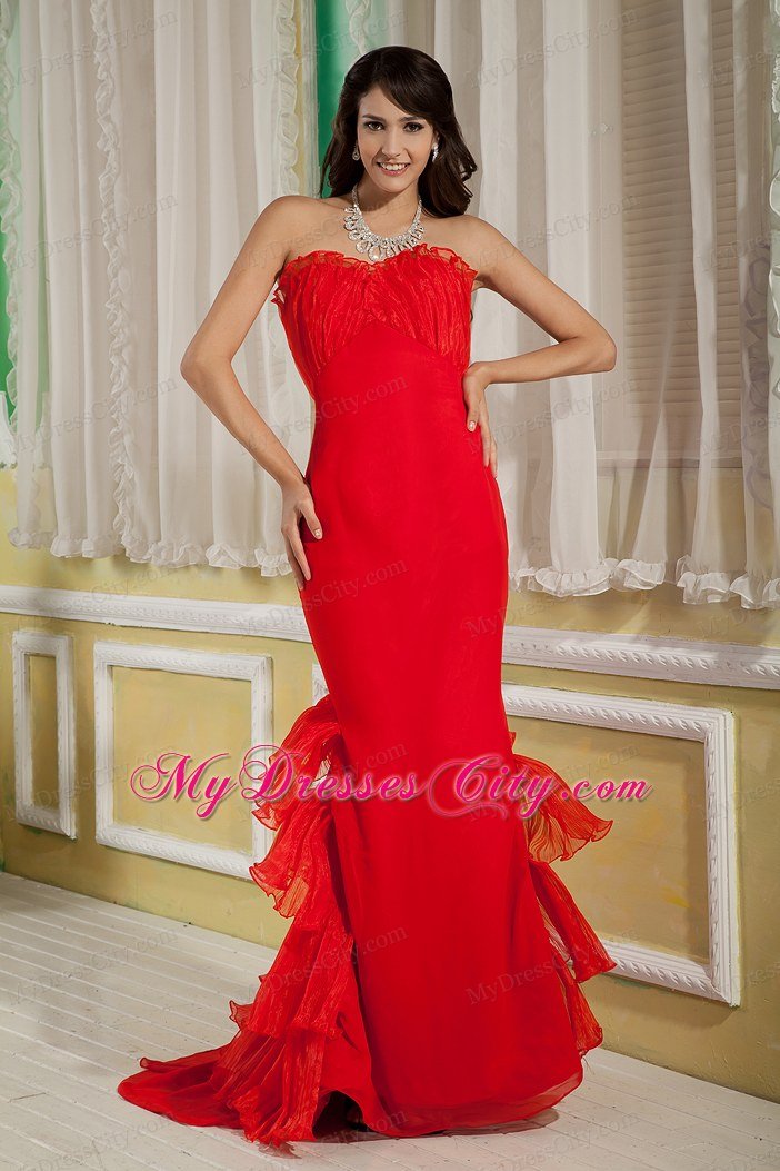 Red Mermaid Celebrity Dress Sweetheart Chiffon and Organza Brush Train