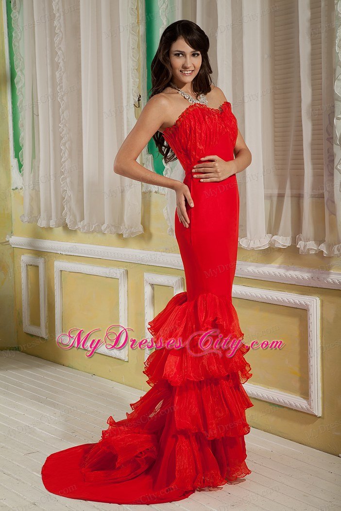 Red Mermaid Celebrity Dress Sweetheart Chiffon and Organza Brush Train