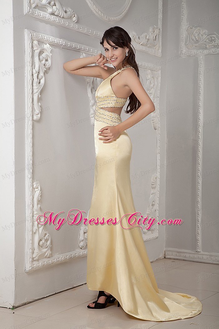 Light Yellow Single Shoulder Beading Trumpet Celebrity Dress