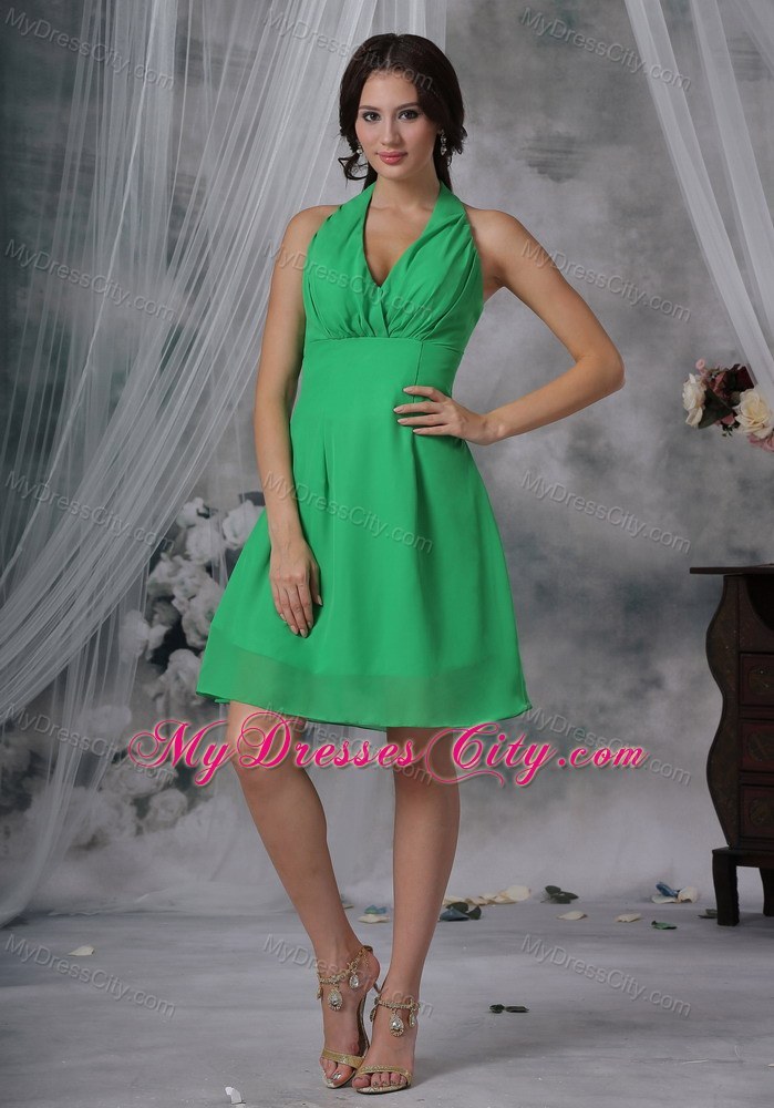 Sexy Green Sheathy Halter Top Chiffon Junior Bridesmaid Dress Knee-length