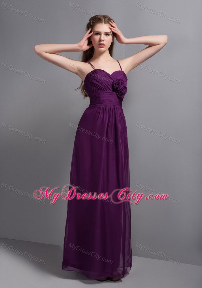 Purple Ankle-length Spaghetti Straps Bridesmaid Dress with Hand Made Flower