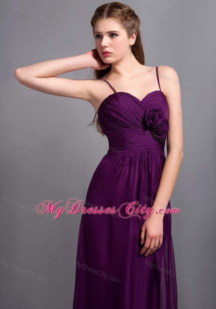 Purple Ankle-length Spaghetti Straps Bridesmaid Dress with Hand Made Flower