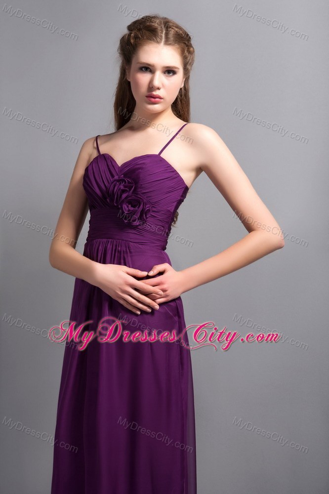 Purple Ankle-length Spaghetti Straps Bridesmaid Dress with Hand Made Flower