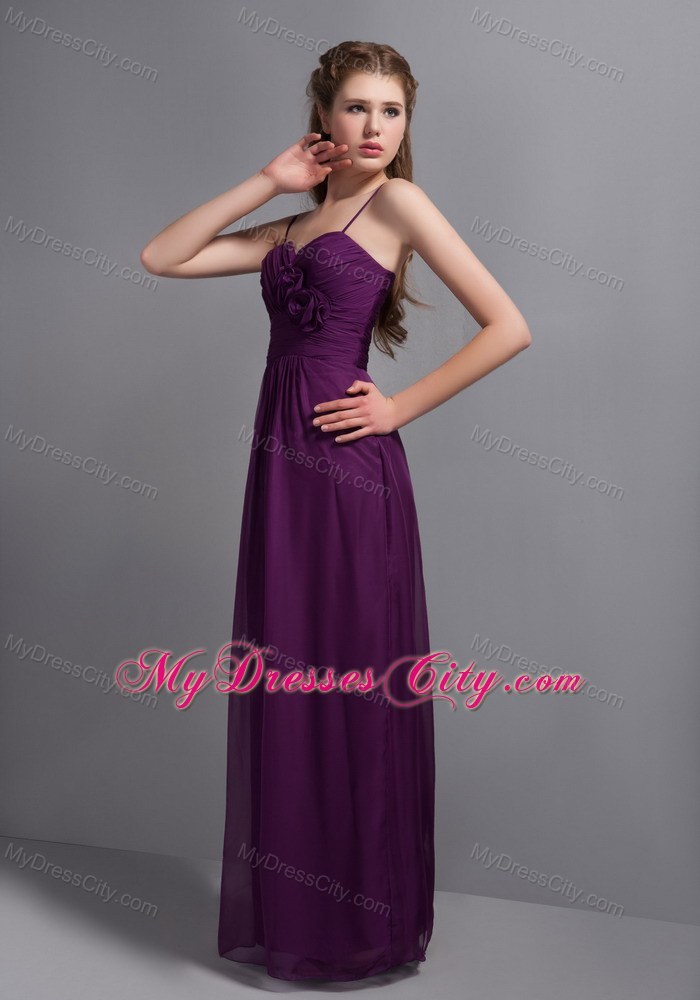 Purple Ankle-length Spaghetti Straps Bridesmaid Dress with Hand Made Flower